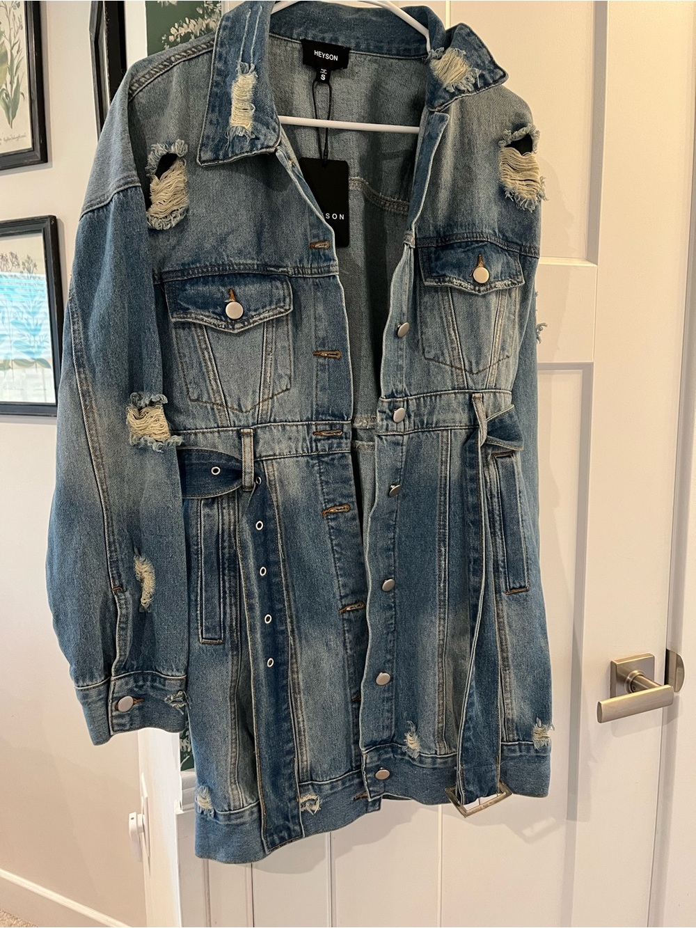 NWT Heyson Distressed Long Jean Jacket - Medium Blue Wash